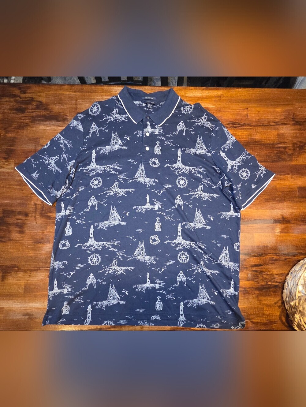 Lands End Mens Short Sleeve Quarter Button Polo Navy Blue Ocean Sz 2XL 50-52